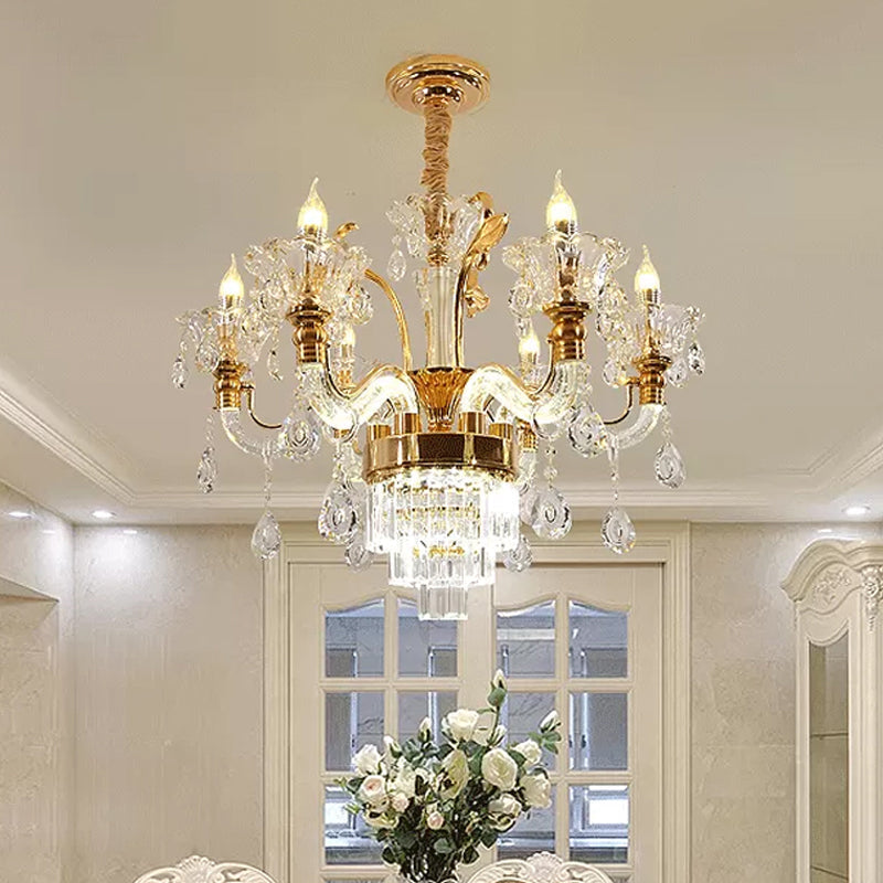 Lustre candélabre traditionnel à 6 lumières en or avec verre transparent et accent en cristal - Lampe à suspension de plafond pour salle à manger