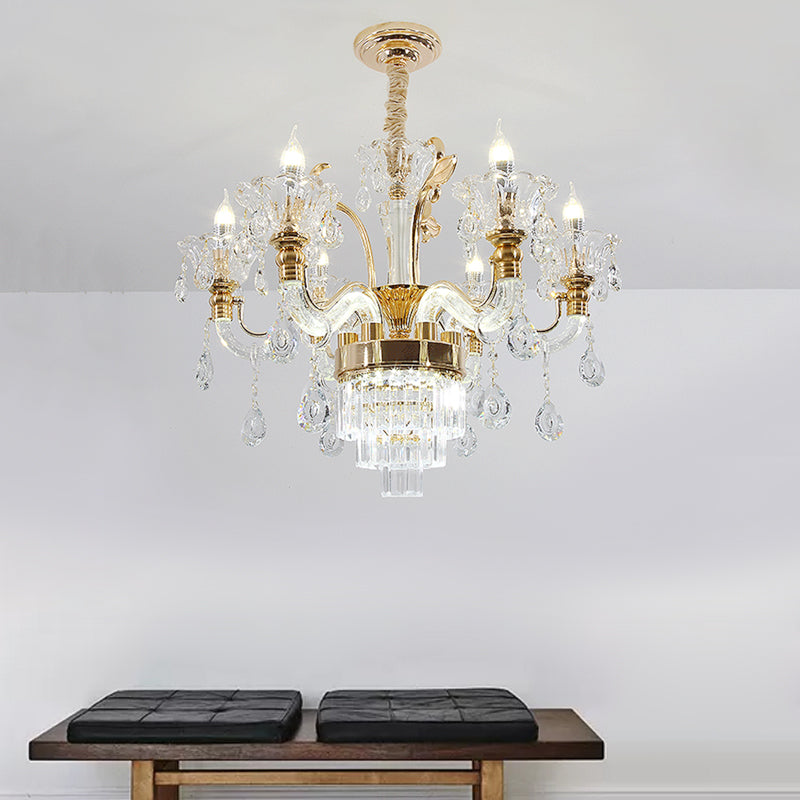 Lustre candélabre traditionnel à 6 lumières en or avec verre transparent et accent en cristal - Lampe à suspension de plafond pour salle à manger