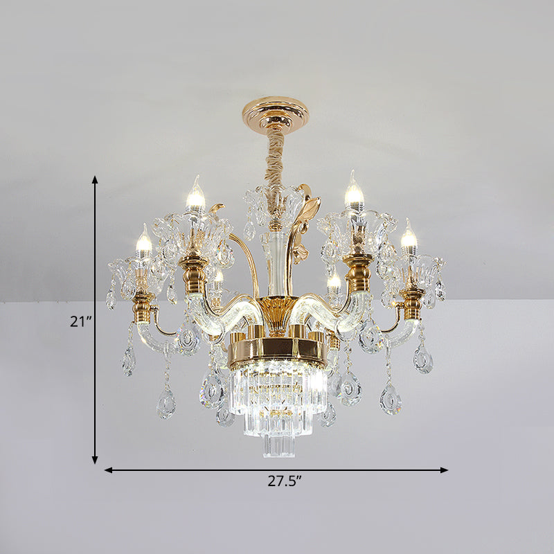 Lustre candélabre traditionnel à 6 lumières en or avec verre transparent et accent en cristal - Lampe à suspension de plafond pour salle à manger