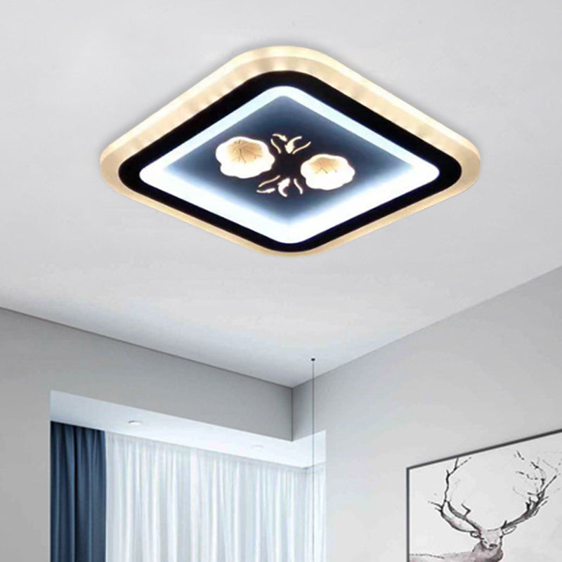Modern LED Flush Mount Fixture: Black Square/Round Acrylic Lamp with Flower Pattern - Ideal for Corridors