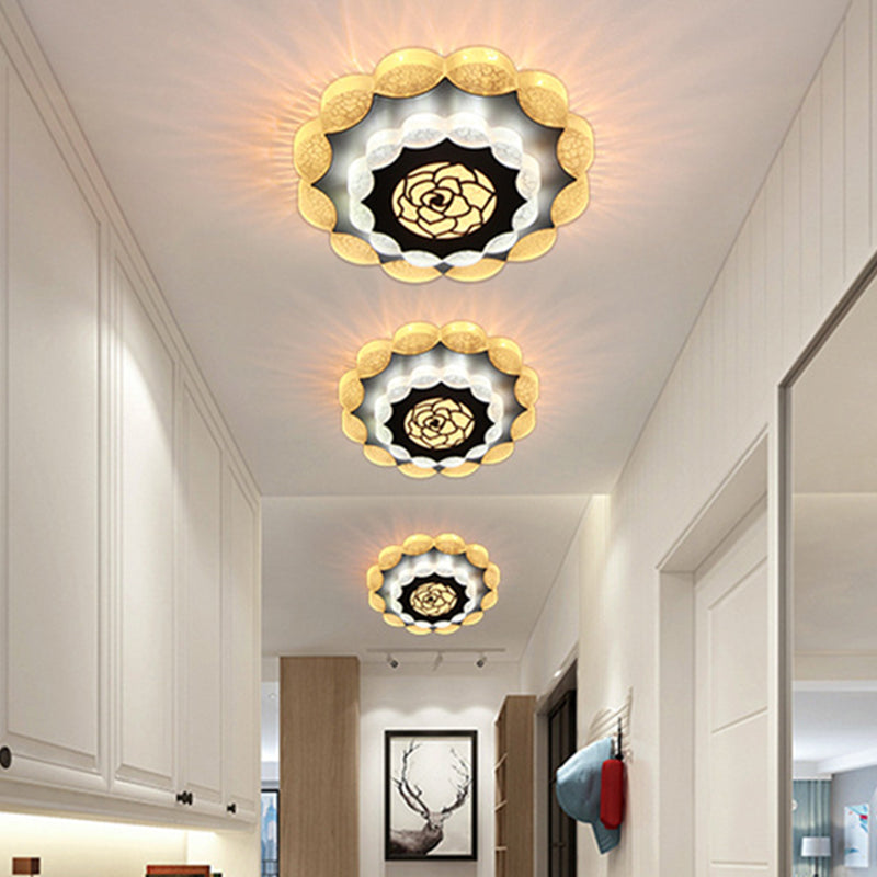 Contemporary Floral Flush Mount Led Lamp With Acrylic White-Black Finish And Rose Pattern