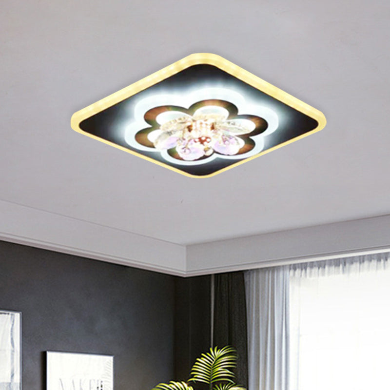 Modern White LED Flush Light with Crystal Accent - Contemporary Floral Design