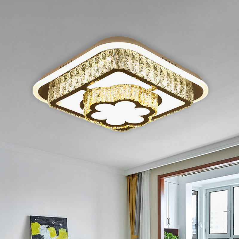 Crystal-Encrusted LED Flushmount Ceiling Light for Bedroom - Modernist White Square and Round/Flower/Diamond Design