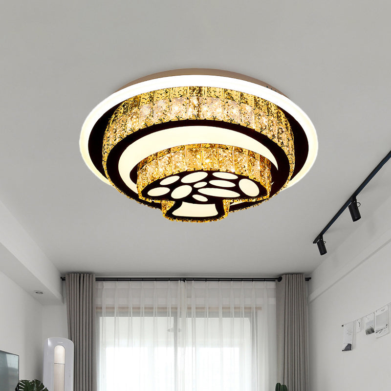 Modern LED Flush Mount Ceiling Light with Crystal Inlaid Loving Heart, Flower, and Mushroom Design - 2-Tier, Chrome Finish