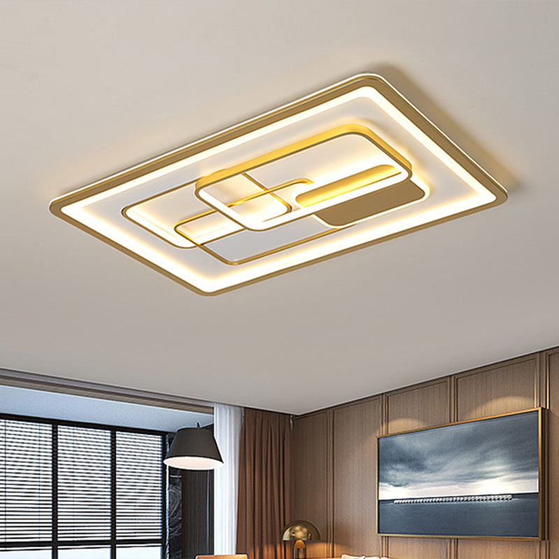 Modernist Gold LED Flush Mount Light Fixture - Rectangle Metallic Flush Lamp, 35.5"/43" Long, White/Warm Light