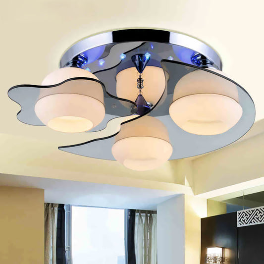 Modern Chrome Floral Flushmount Ceiling Light with Crystal Ball Drop - White Glass, 3/5-Head - Ideal for Living Room