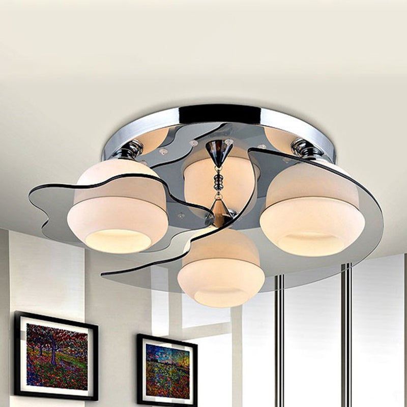 Modern Chrome Floral Flushmount Ceiling Light with Crystal Ball Drop - White Glass, 3/5-Head - Ideal for Living Room