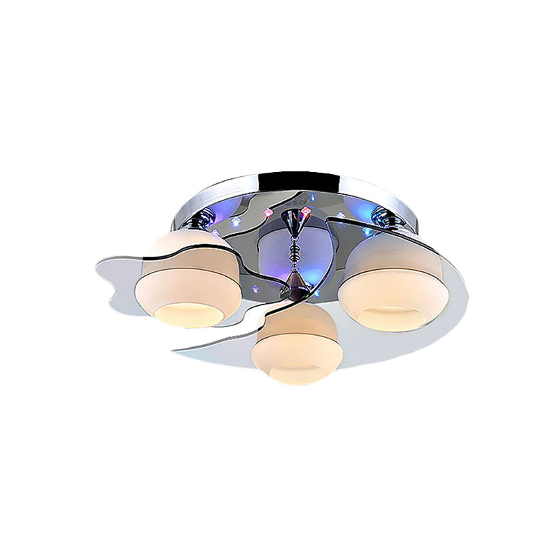 Modern Chrome Floral Flushmount Ceiling Light with Crystal Ball Drop - White Glass, 3/5-Head - Ideal for Living Room