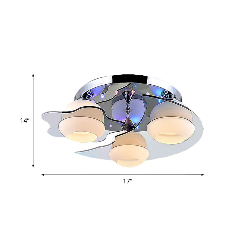 Modern Chrome Floral Flushmount Ceiling Light with Crystal Ball Drop - White Glass, 3/5-Head - Ideal for Living Room