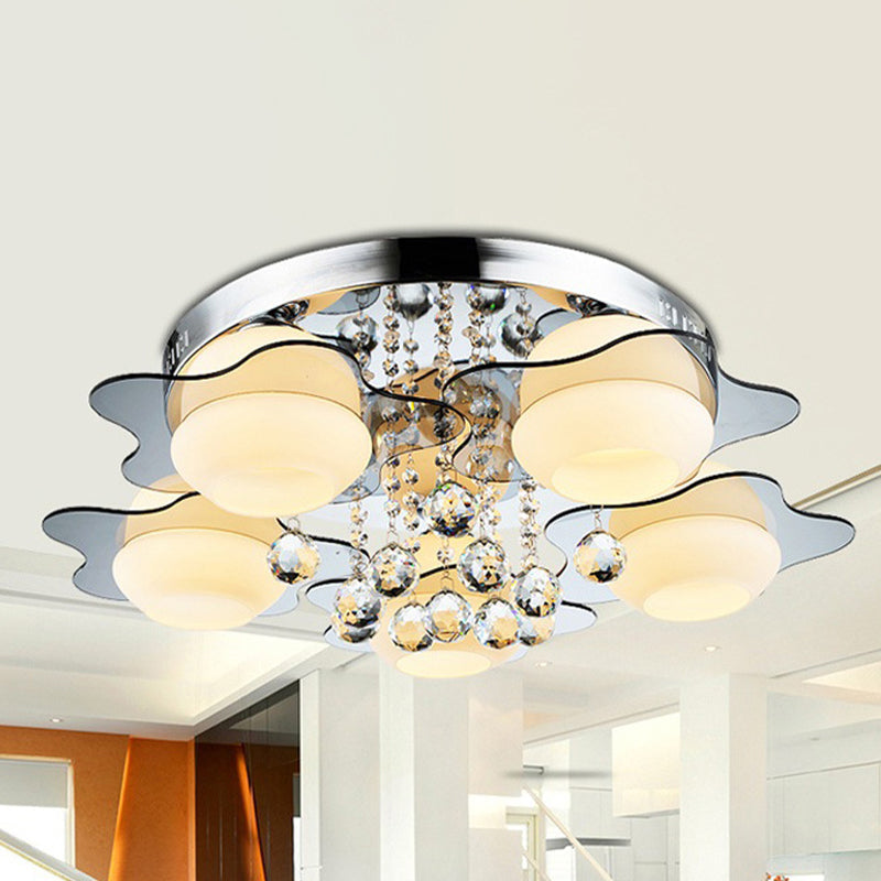 Modern Chrome Floral Flushmount Ceiling Light with Crystal Ball Drop - White Glass, 3/5-Head - Ideal for Living Room