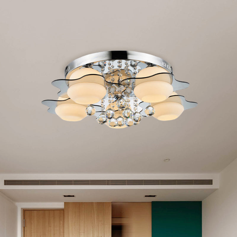 Modern Chrome Floral Flushmount Ceiling Light with Crystal Ball Drop - White Glass, 3/5-Head - Ideal for Living Room