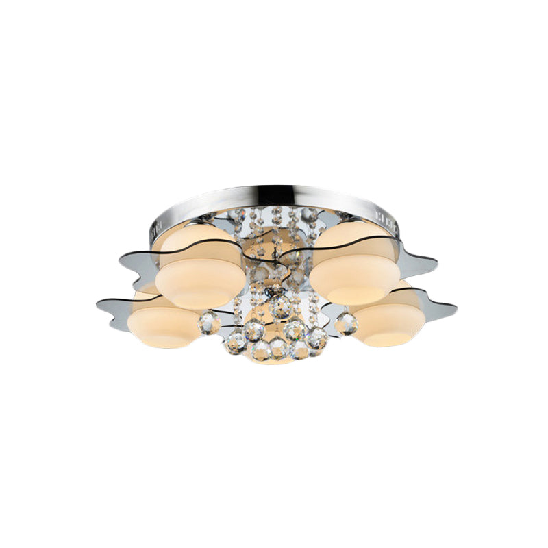 Modern Chrome Floral Flushmount Ceiling Light with Crystal Ball Drop - White Glass, 3/5-Head - Ideal for Living Room