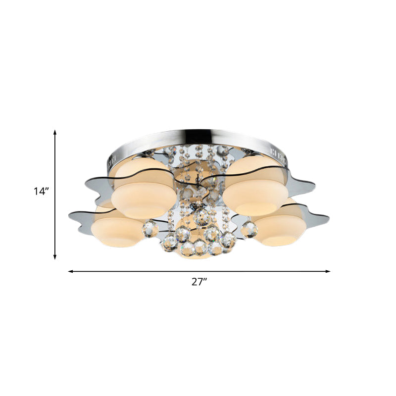 Modern Chrome Floral Flushmount Ceiling Light with Crystal Ball Drop - White Glass, 3/5-Head - Ideal for Living Room