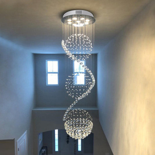 Satin Nickel Spiral Crystal Ceiling Lamp - Modern 9 Bulbs Flush Mount Light Fixture for Elegant Lobby