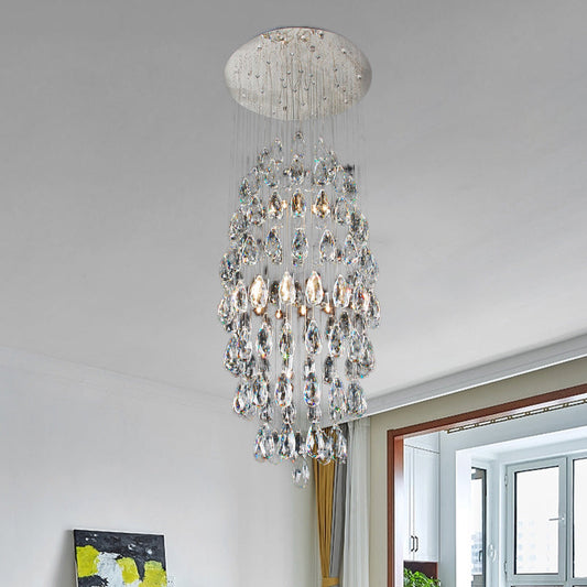 Modern Crystal Drip Flush Mount Chandelier in Satin Nickel – Stylish 6-Bulb Ceiling Light for Restaurants