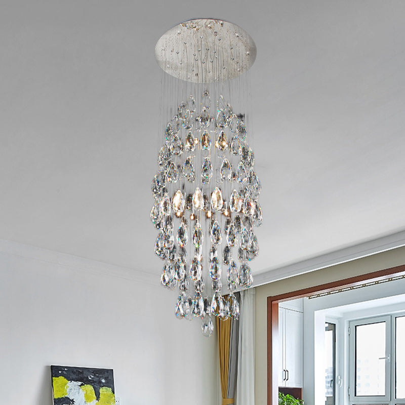 Modern Crystal Drip Flush Mount Chandelier In Satin Nickel Stylish 6-Bulb Ceiling Light For