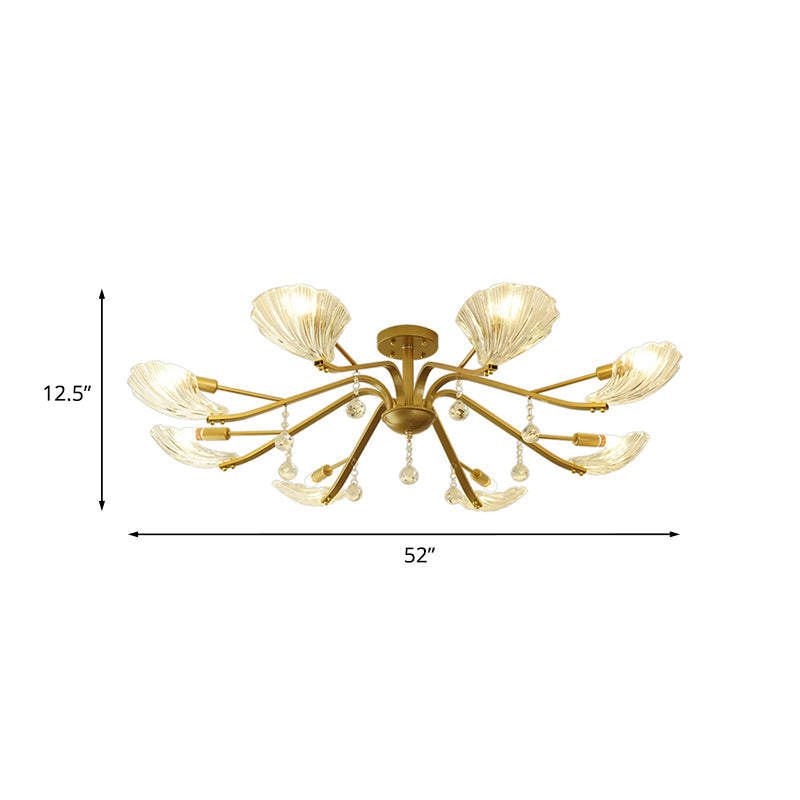Gold Scalloped Shell Semi Flush Mount Crystal Chandelier - Countryside Parlor Ceiling Light 6/8-Light