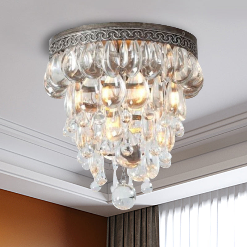 Bronze Conical Crystal Drop Ceiling Light with 3 Heads - Countryside Flushmount Lighting for Corridors