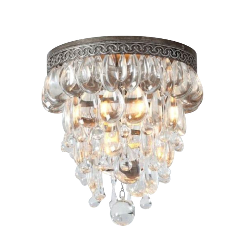 Bronze Conical Crystal Drop Ceiling Light with 3 Heads - Countryside Flushmount Lighting for Corridors