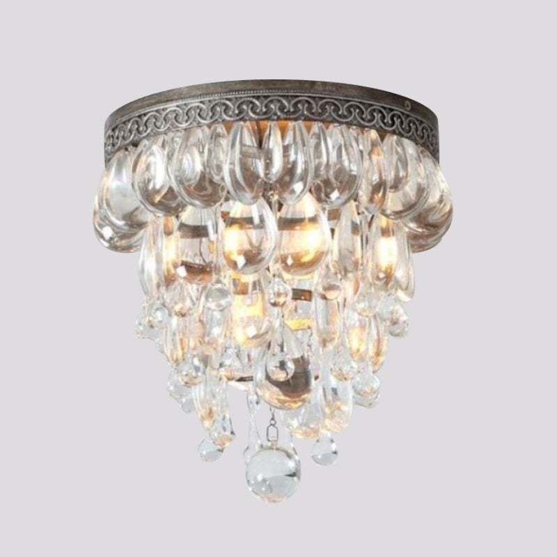 Bronze Conical Crystal Drop Ceiling Light with 3 Heads - Countryside Flushmount Lighting for Corridors