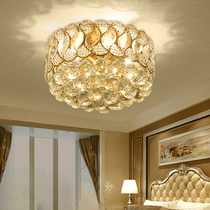Rustic Gold Drum Shade Crystal Orb Flush Mount Lamp: 3-Head Bedroom Ceiling Light Fixture