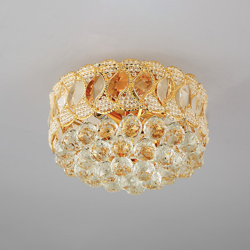 Rustic Gold Drum Shade Crystal Orb Flush Mount Lamp: 3-Head Bedroom Ceiling Light Fixture