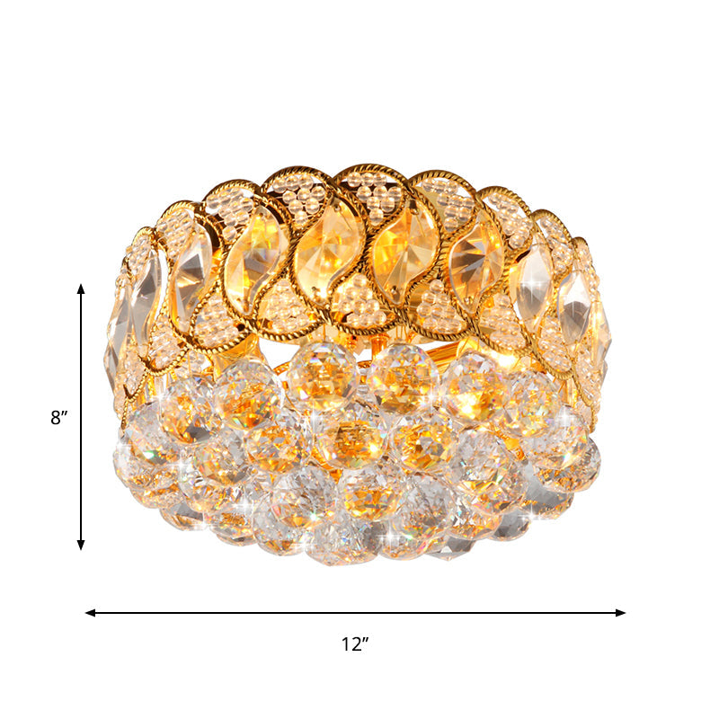 Rustic Gold Drum Shade Crystal Orb Flush Mount Lamp: 3-Head Bedroom Ceiling Light Fixture
