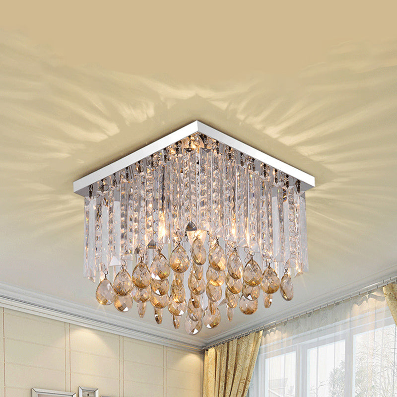 Modern Chrome Crystal Drop Bedroom Ceiling Light - Square Mount, 8"/12" Wide