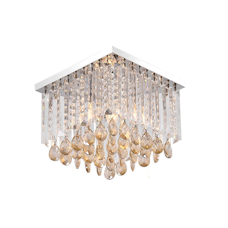 Modern Chrome Crystal Drop Bedroom Ceiling Light - Square Mount, 8"/12" Wide