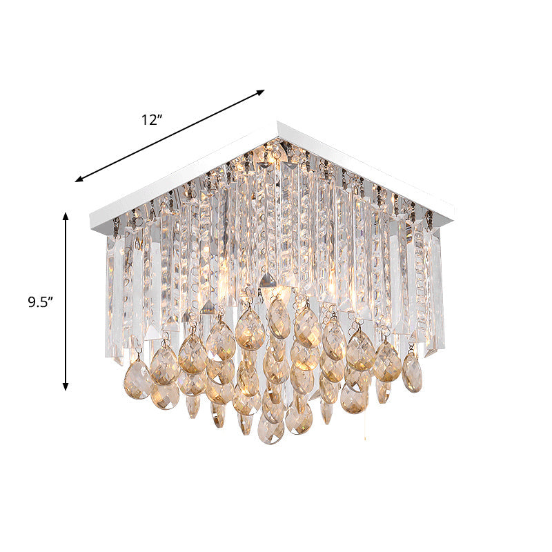 Modern Chrome Crystal Drop Bedroom Ceiling Light - Square Mount, 8"/12" Wide