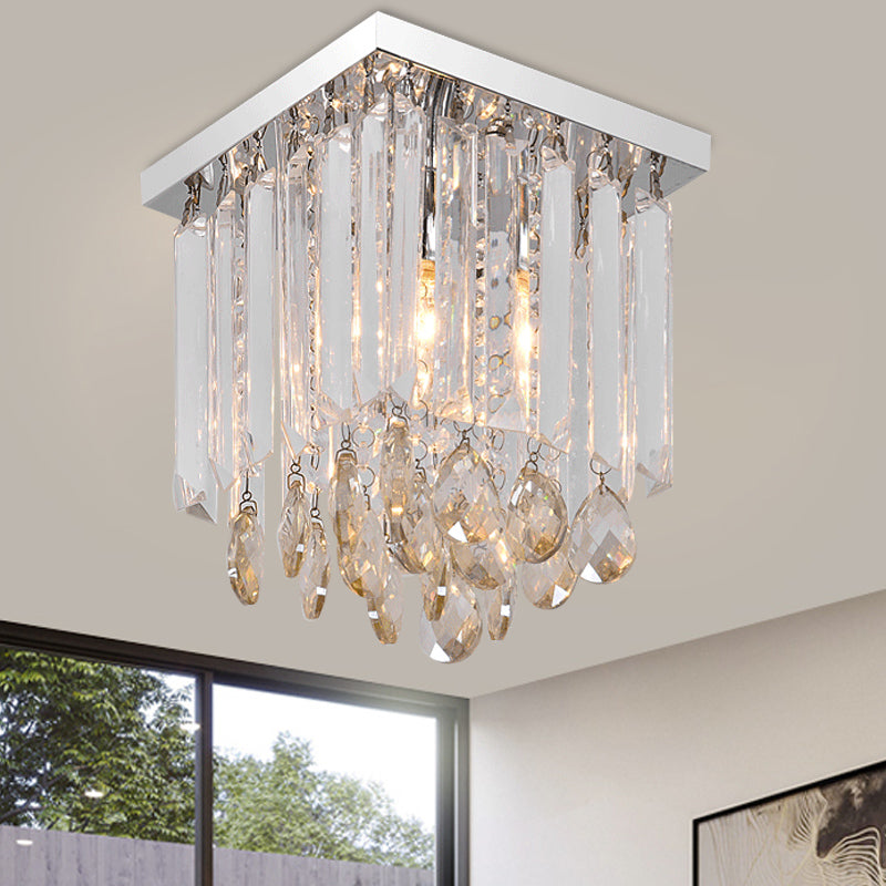 Modern Chrome Crystal Drop Bedroom Ceiling Light - Square Mount, 8"/12" Wide