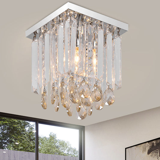 Modern Chrome Crystal Drop Bedroom Ceiling Light - Square Mount, 8"/12" Wide