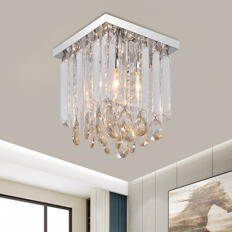 Modern Chrome Crystal Drop Bedroom Ceiling Light - Square Mount, 8"/12" Wide