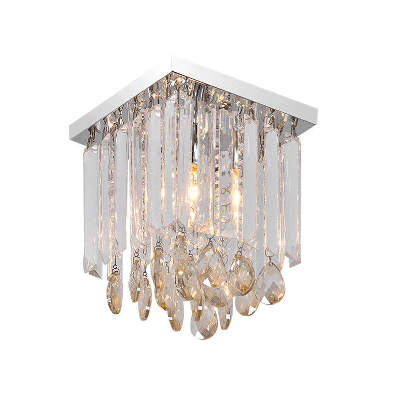 Modern Chrome Crystal Drop Bedroom Ceiling Light - Square Mount, 8"/12" Wide