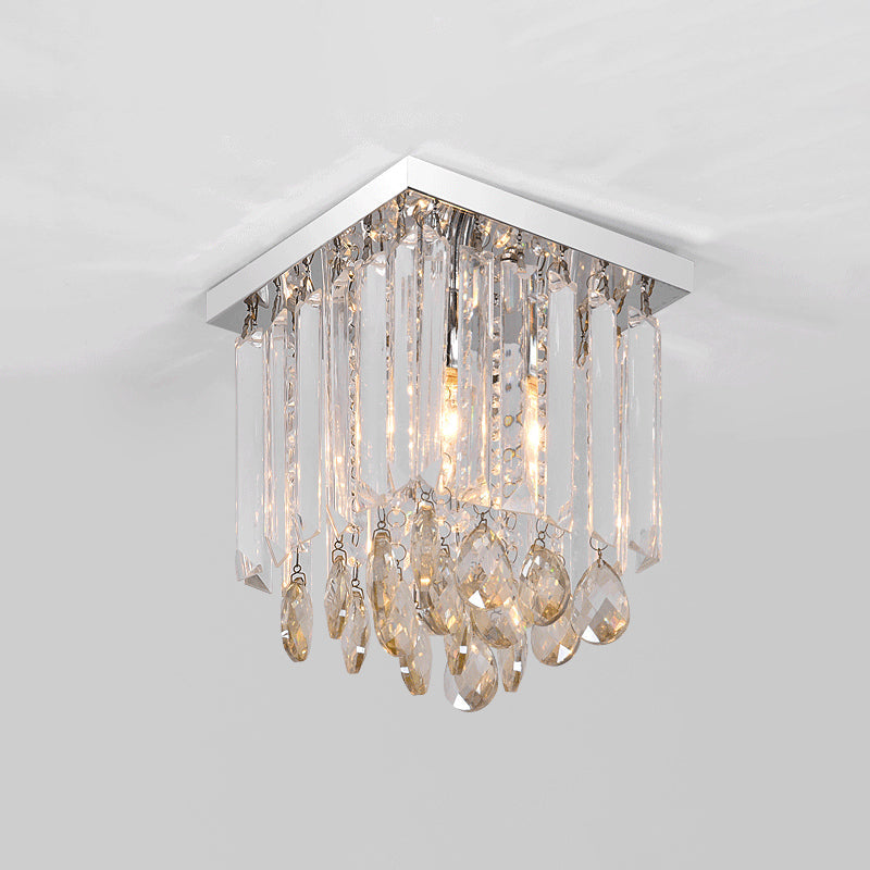 Modern Chrome Crystal Drop Bedroom Ceiling Light - Square Mount, 8"/12" Wide