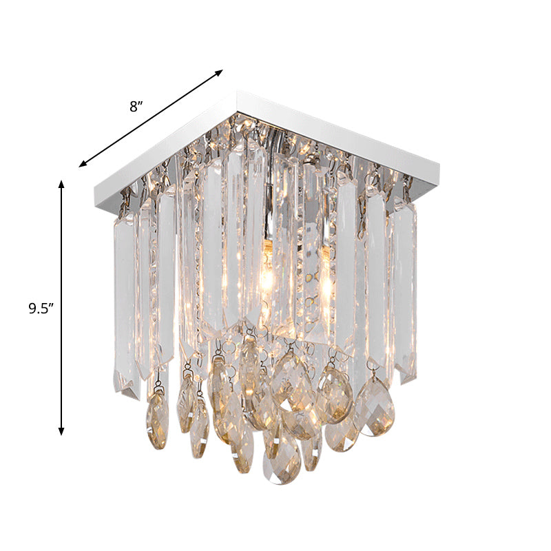 Modern Chrome Crystal Drop Bedroom Ceiling Light - Square Mount, 8"/12" Wide