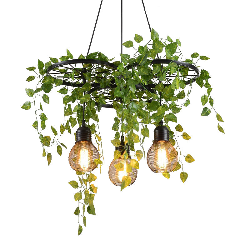 21.5/35.5 Metal Cluster Pendant Warehouse Black Wheel And Orb Cage Hanging Lamp With Green Vine For