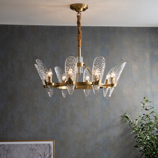 Minimal Arc Panel Chandelier Pendant Lamp With Clear Crystal Glass Brass Frame - 8/10-Bulb