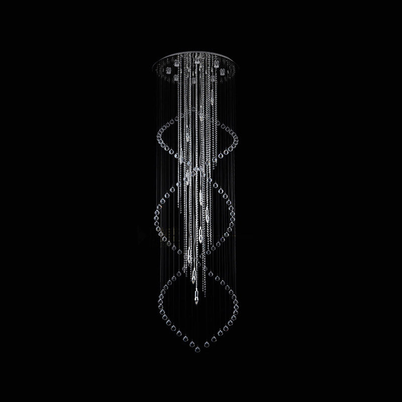 Chrome Finish Crystal Bead Spiral Waterfall Flush Mount Lamp - 5-Head Stairway Fixture