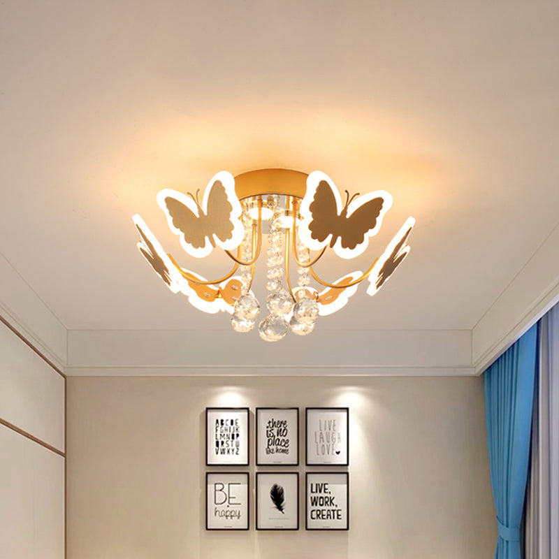 Gold Crystal Drop Butterfly Metal Semi Flush Modernist LED Bedroom Lamp