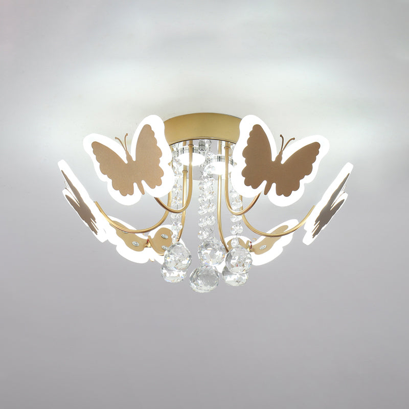 Gold Crystal Drop Butterfly Metal Semi Flush Modernist Led Bedroom Lamp