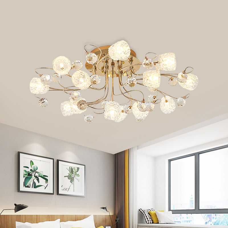 Plafonnier moderne en forme de bouton de fleur doré avec verre à bulles - Lustre semi-encastré à 13 lumières