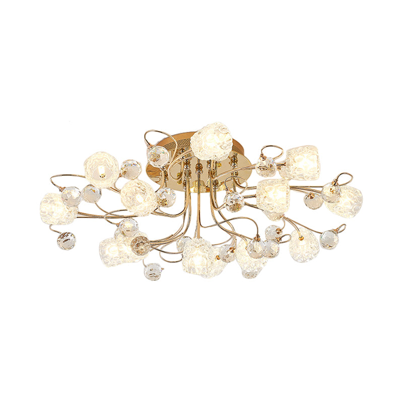 Plafonnier moderne en forme de bouton de fleur doré avec verre à bulles - Lustre semi-encastré à 13 lumières