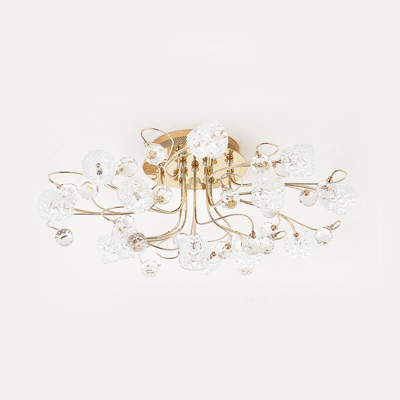 Plafonnier moderne en forme de bouton de fleur doré avec verre à bulles - Lustre semi-encastré à 13 lumières