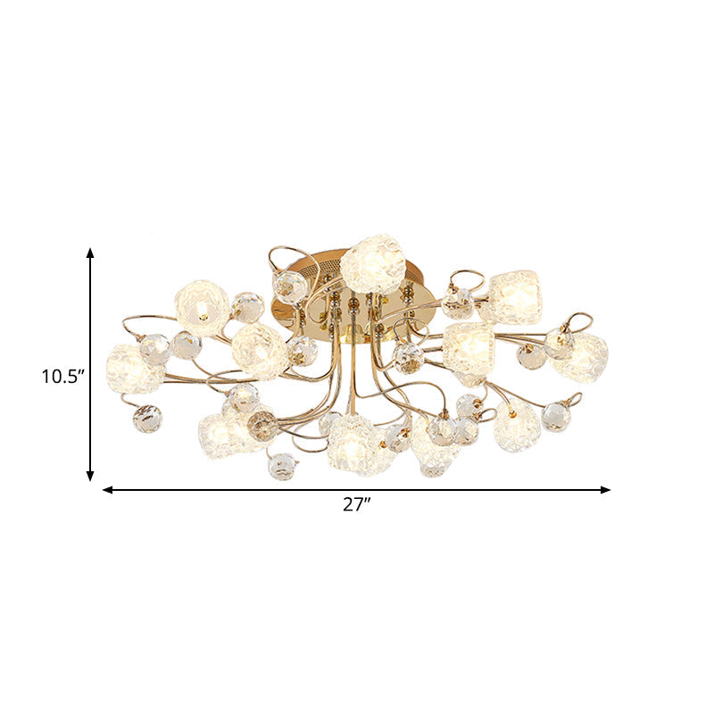 Plafonnier moderne en forme de bouton de fleur doré avec verre à bulles - Lustre semi-encastré à 13 lumières