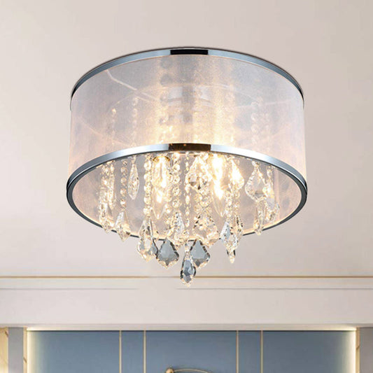 Simple 4-Light Drum Shade Flush Mount Fixture for Bedroom, Ceiling Light with Crystal Accent - Chrome