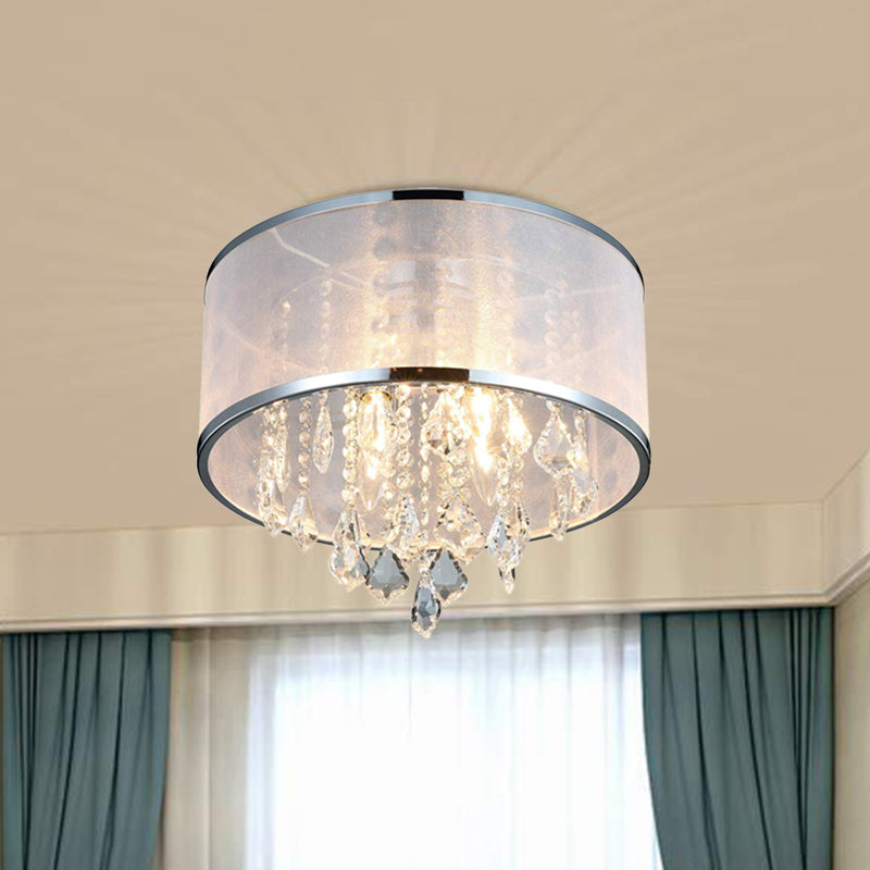 Simple 4-Light Drum Shade Flush Mount Fixture for Bedroom, Ceiling Light with Crystal Accent - Chrome