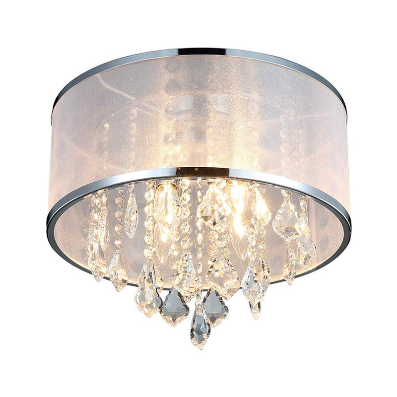 Simple 4-Light Drum Shade Flush Mount Fixture for Bedroom, Ceiling Light with Crystal Accent - Chrome