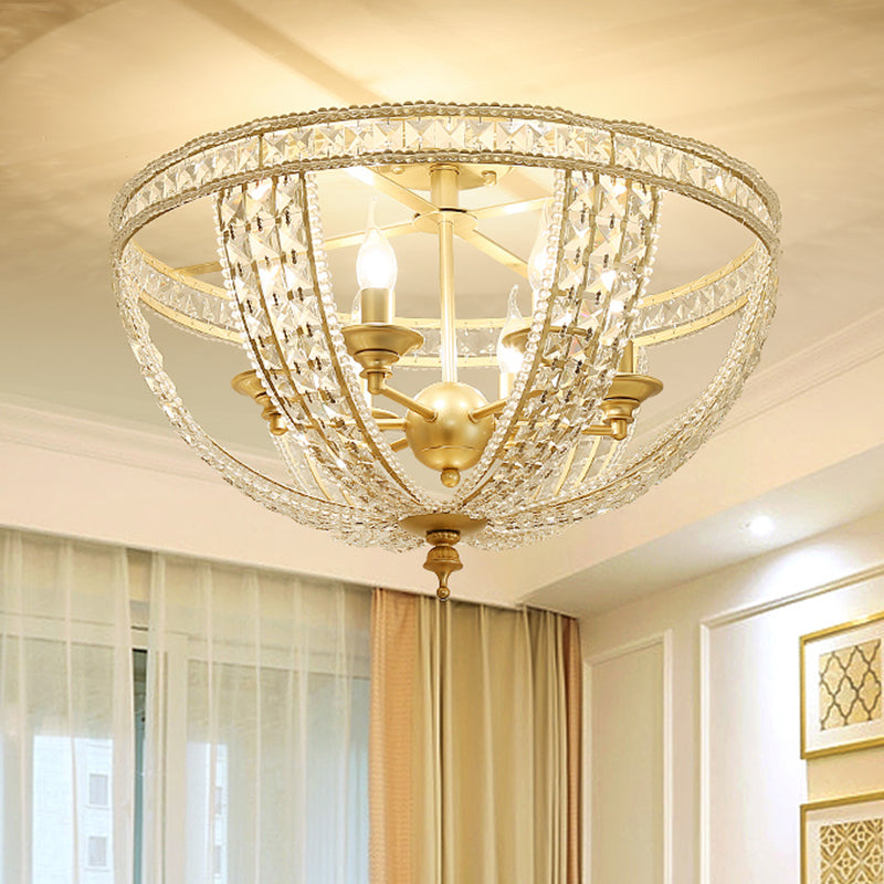 Traditional Gold Finish Crystal Strand Ceiling Light Fixture - 3/4 Lights Semi Mount, 14"/18" Wide