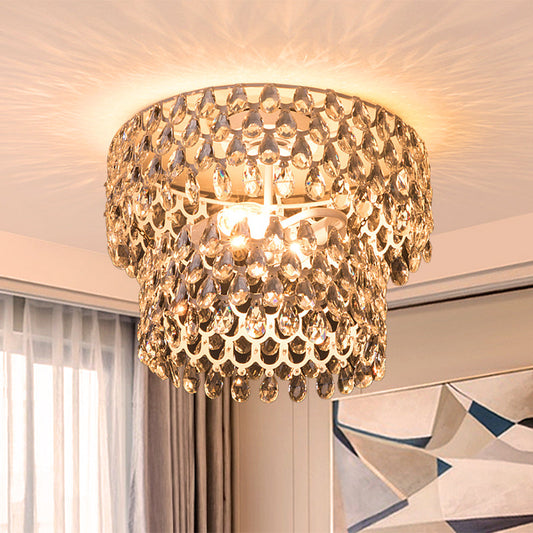 Contemporary Crystal Teardrop Ceiling Lamp with Tiered Design - White Semi Flush Light with 2 Heads